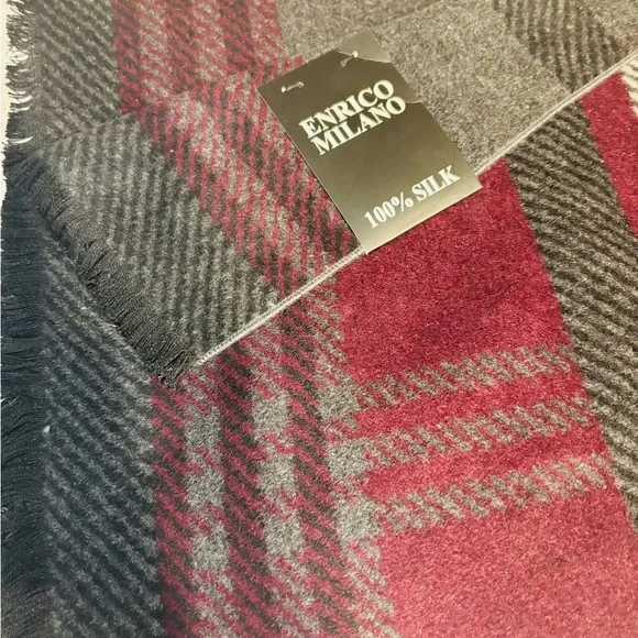 Enrico Milano 100% Silk Gray and Burgundy Scarf NWT - Picture 2 of 10